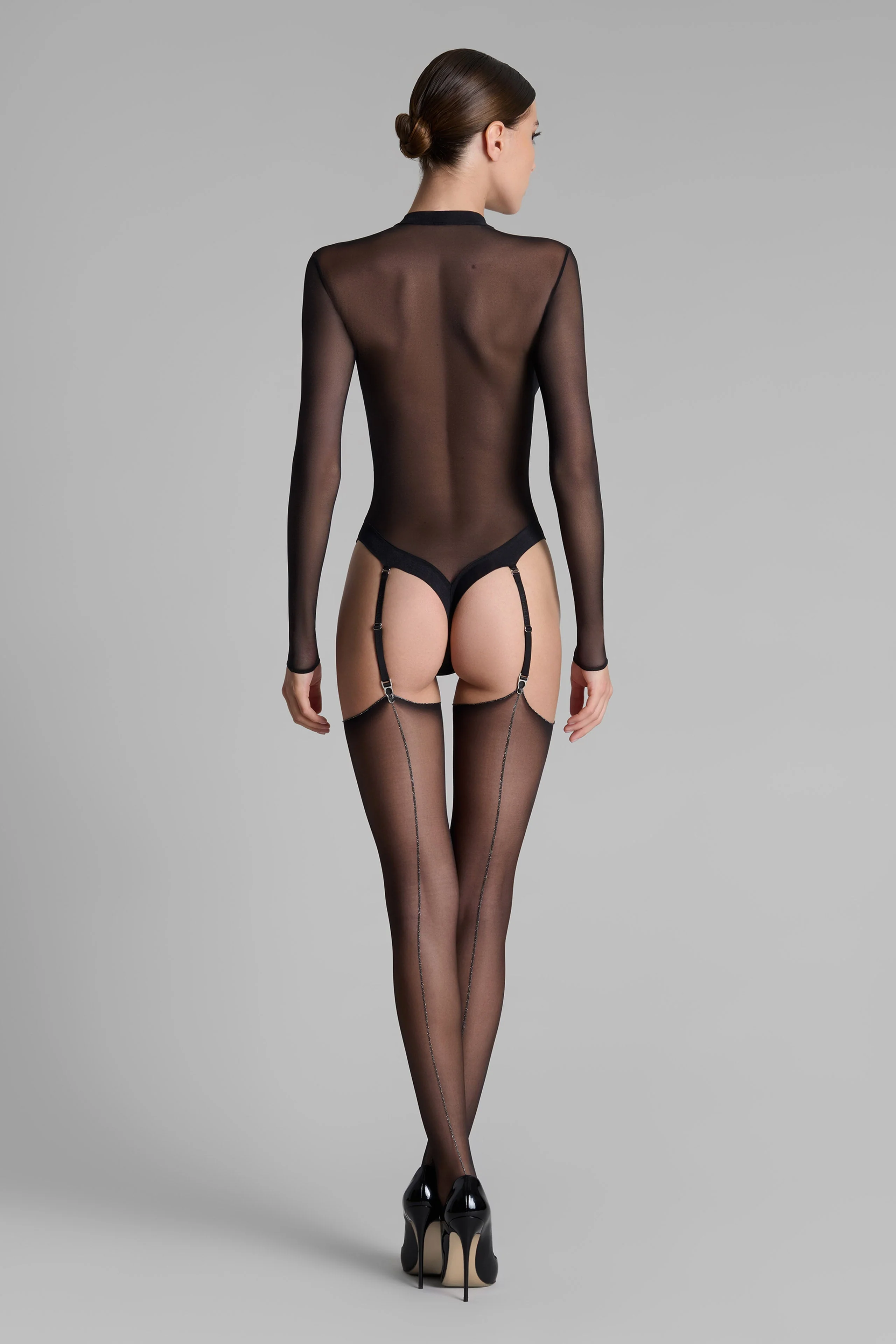 Cut and curled lurex back seamed stockings 20D - Black/Silver - LEGWEAR - Image 6